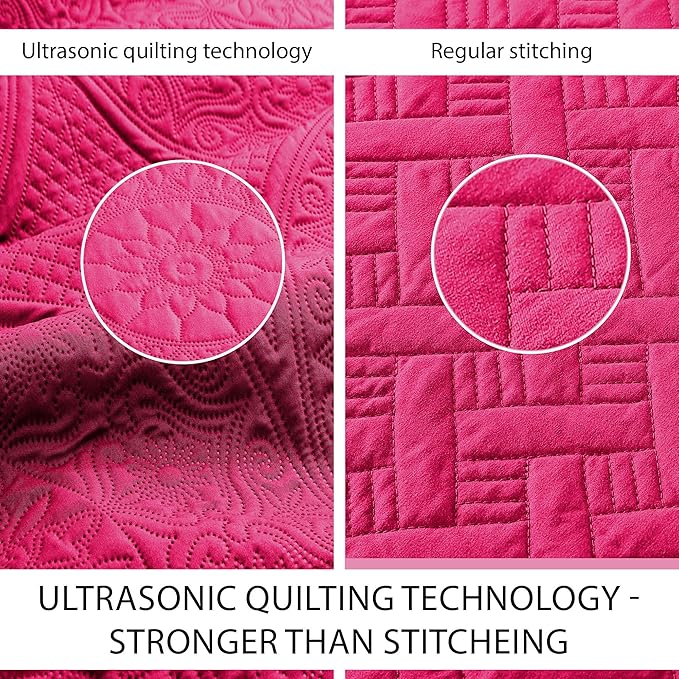 IR Imperial Rooms King Quilt Bedding Set Size (106" x 96") + 2 Pillow Shams (20" x 36"+ 2") - 3 Pcs All Season Lightweight Reversible Microfiber Coverlet Floral Embossed Quilt Bedspread (Pink)