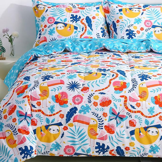 Viviland Kids Full Bedding Sets for Girls, Boys Soft Full Comforter Set with Sheets, 7 Pieces Microfiber Bed in a Bag, Sloth Rainforest
