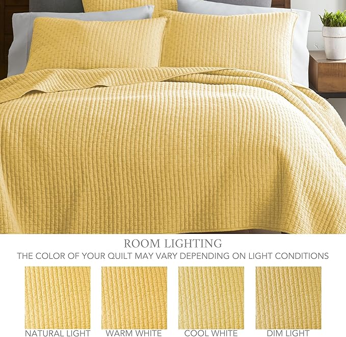Levtex Home Cross Stitch Reversible Full Bedspread Set (100x104in) with 2 Pillow Shams (26x20in) - Stitch Texture - Yellow - Cotton Full Size Bedspread Set - Lightweight, Soft, Pre-Washed