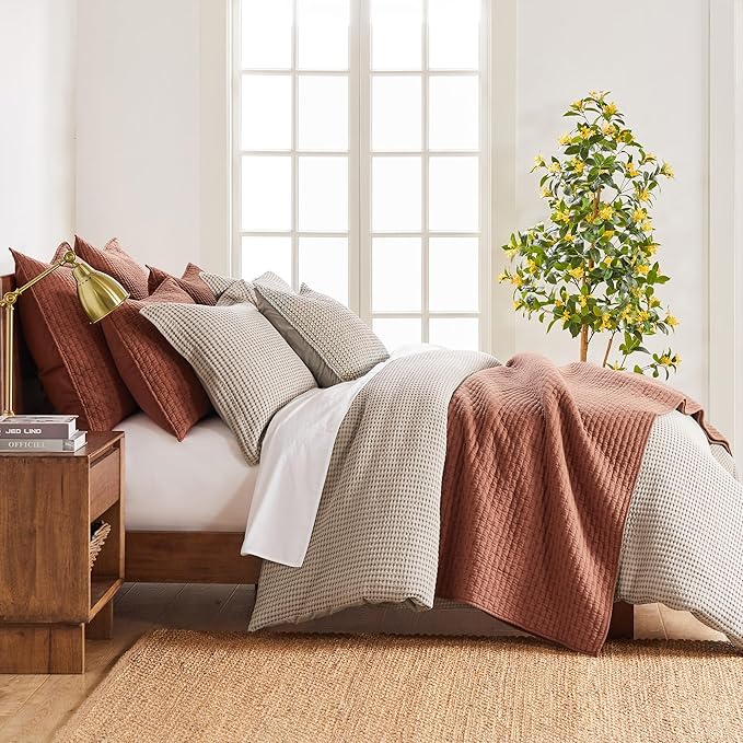 Levtex Home Cross Stitch Reversible Full/Queen Quilt Set (88x92in) with 2 Pillow Shams (26x20in) - Stitch Texture - Adobe - Cotton Full/Queen Size Quilt Bedding Set - Lightweight, Soft, Pre-Washed