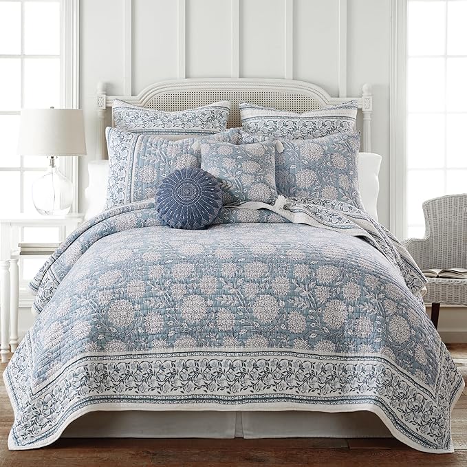 Levtex Home Adare Blue Reversible King/Cal King Quilt Set (106x92in) with 2 Pillow Shams (36x20in) - Floral Bedding - Blue White - Cotton King Size Quilt Bedding Set - Lightweight, Soft, Pre-Washed