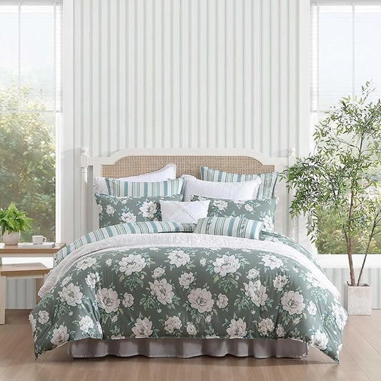 Laura Ashley - Full/Queen Comforter Set, Premium Cotton Bedding with Matching Shams, Includes Bonus Decorative Pillow Covers, Floral Home Decor, Oeko-Tex Certified (Wisley Floral Green, Full/Queen)