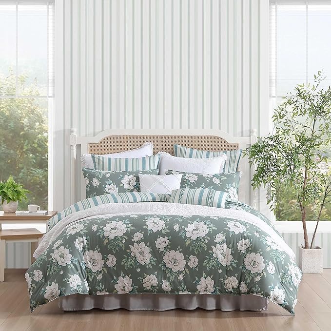 Laura Ashley - Twin Comforter Set, Premium Cotton Bedding with Matching Sham, Includes Bonus Decorative Pillow Covers, Floral Home Decor, Oeko-Tex Certified (Wisley Floral Green, Twin)