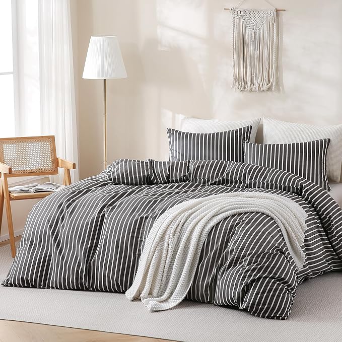 TOCOMOA Striped Duvet Cover Set 100% Natural Cotton Soft Comfy Breathable 3 Piece Black and White Pattern Printed Comforter Cover Bedding Set (Queen 90"x90", Comforter Not Included)