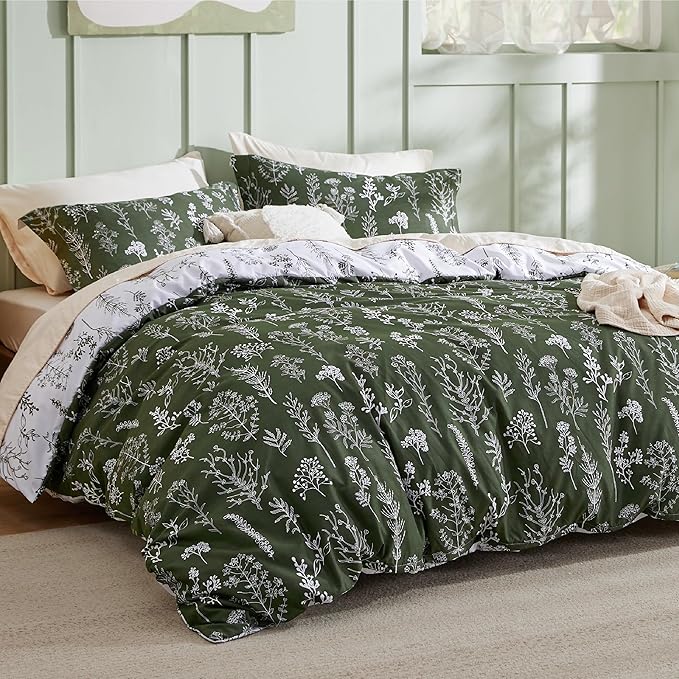 Bedsure Duvet Cover King Size - Reversible Bronze Green King Duvet Cover Set with Zipper Closure, 3 Pieces Floral Patterned Bedding Set with 8 Corner Ties and 2 Pillow Shams