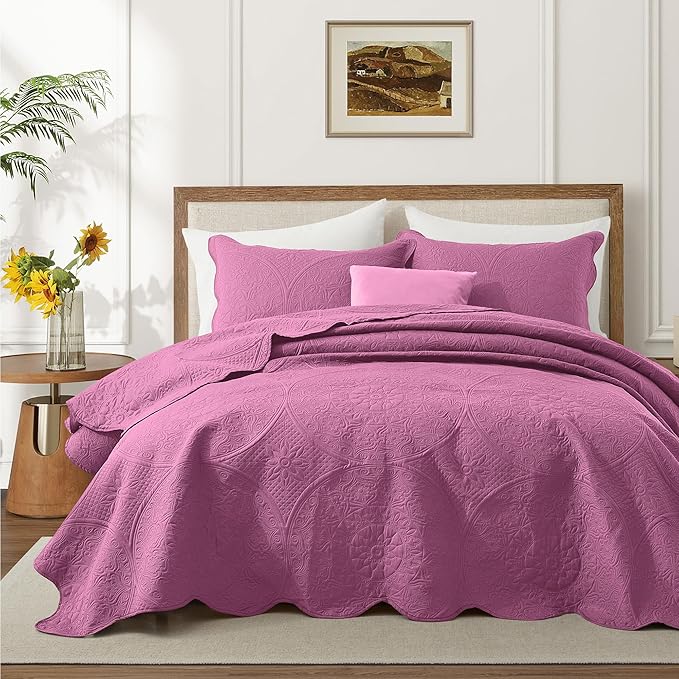 IR Imperial Rooms California King Quilt Bedding Set Size (118"x106") + 2 Pillow Shams (20" x 36"+ 2") - 3 Pcs All Season Reversible Microfiber Coverlet Embossed Floral Quilt Bedspread (Purple)