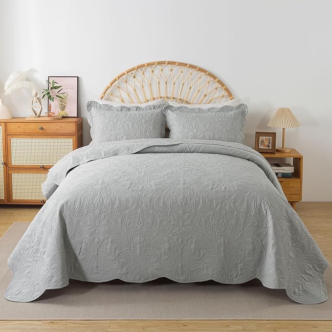 HoneiLife King Quilt Bedding Set - 3 Piece Microfiber Quilt Sets Lightweight Bedspreads Reversible Coverlets Retro Bed Cover Quilt King Size All Season Quilts-Light Grey
