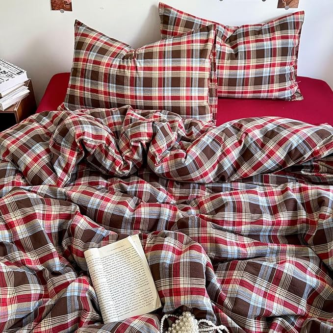 mixinni Vintage Red & Brown Buffalo Plaid Duvet Cover Set Twin Size - 3 Piece Washed Cotton Bedding Set with Classic Checkered Pattern, Cozy Farmhouse Duvet Cover with Pillowcases for All Seasons