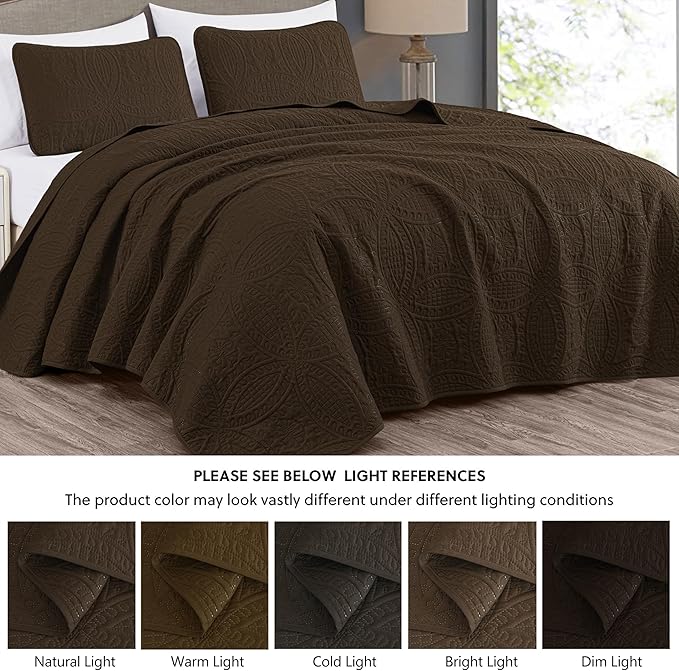 Chezmoi Collection Austin 3-Piece Oversized Bedspread Coverlet Set (Queen, Chocolate)