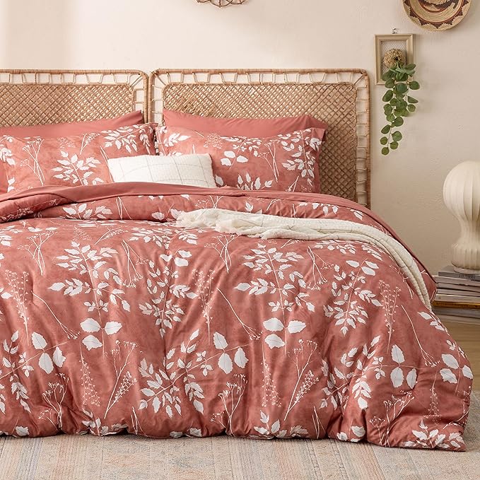 Bedsure Dusty Pink Queen Comforter Set - 7 Pieces Floral Bedding Sets, Queen Bed in a Bag with Reversible Botanical Flowers Comforter, Sheets, Pillowcases & Shams