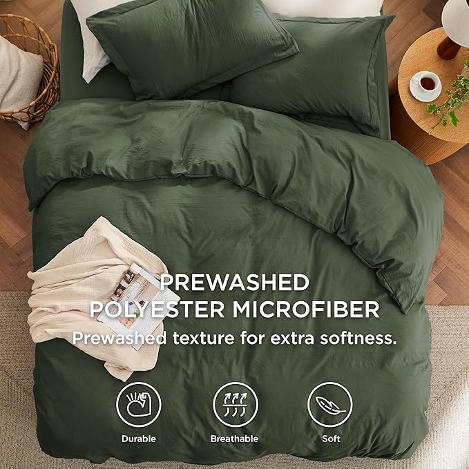Bedsure California King Size Duvet Cover with Fitted Sheet - 4 Pieces Prewashed Polyester Extra Soft Bedding Set, Includes 1 Duvet Cover 104x98 Inches, 2 Pillow Shams, 1 Fitted Sheet, Olive Green