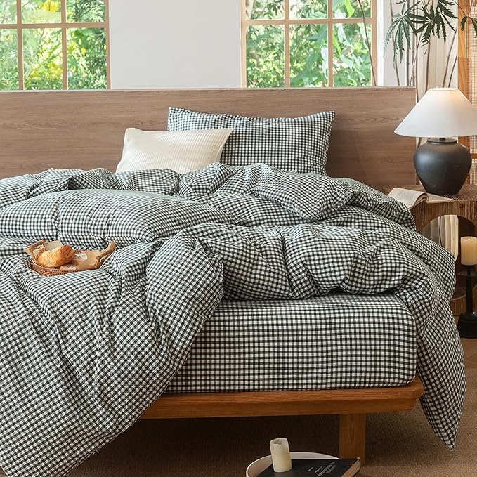 MooMee Gingham Duvet Cover Set 100% Washed Cotton Linen Like Textured Breathable Durable Soft Comfy Modern Checkered Design (Mini Gingham Forest Green, King 104"x90")