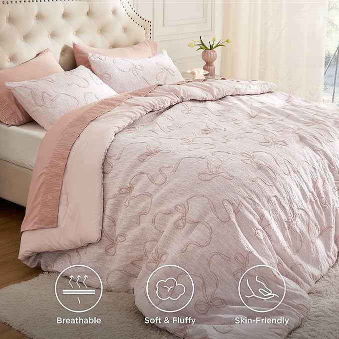 Bedsure King Size Comforter Set, GentleSoft™ 3 Pieces Bow Cute Bedding Pink Room Decor Aesthetic, King Bedding Set Gifts for Her Women, 1 Bed Pink Comforter, 2 Pillow Shams, 104x90 Inches