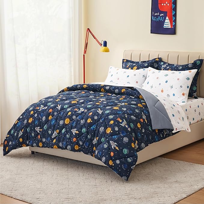 Twin Size Space Kids Bedding Set for Boys, 5 Pieces Super Soft Lightweight Microfiber Comforter Set with Sheets, Bed in a Bag, Children Bed Set