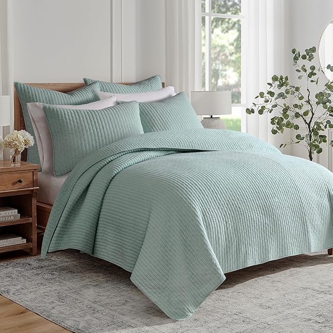 Levtex Home Cross Stitch Reversible King/Cal King Quilt Set (106x92in) with 2 Pillow Shams (36x20in) - Stitch Texture - Blue Haze - Cotton King Size Quilt Bedding Set - Lightweight, Soft, Pre-Washed