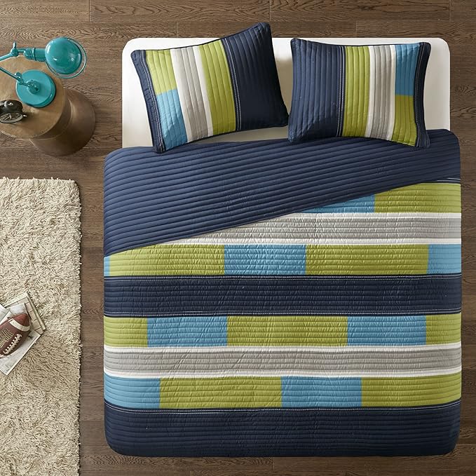 Comfort Spaces CS14-0861 2 Piece Quilt Coverlet Bedspread All Season Lightweight Hypoallergenic Pipeline Colorblock Kids Bedding Set, Twin/Twin XL, Pierre Navy/Blue Stripe
