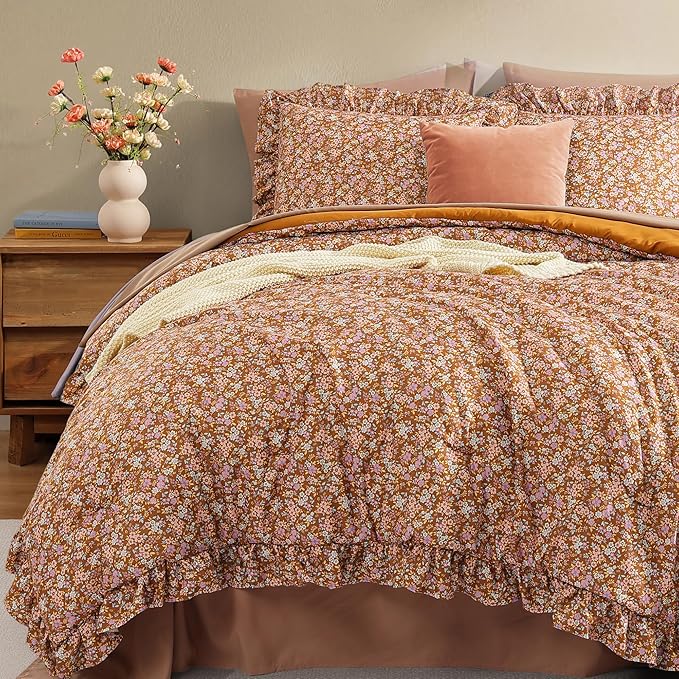 Full Comforter Set - 7 Pieces Ruffle Brown Floral Bedding Sets, Shabby Chic Farmhouse Bed in a Bag with Ruffle Comforter, Sheets, Pillowcases & Shams