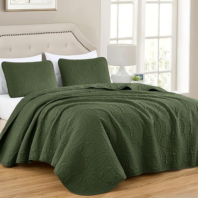 Chezmoi Collection Austin King Oversized Bedspread Set, 3-Piece Pinsonic Quilted Lightweight Microfiber Bedspread Coverlet, Olive Green