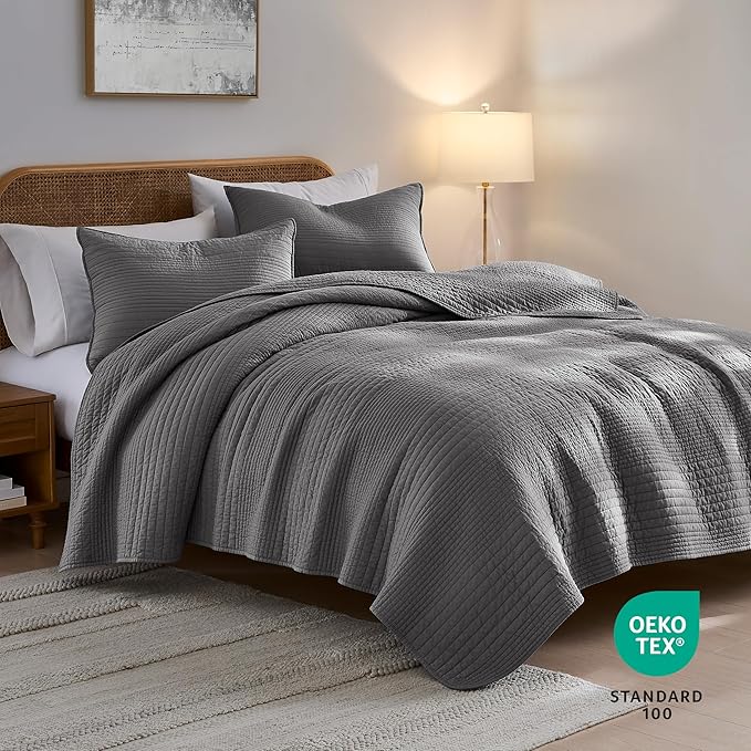 PALASSIO Striped Dark Grey 100% Cotton Quilt California Cal King Size Bedding Sets, Oversized Lightweight Channel Pick Stitch Textured Bedspread Soft Farmhouse Country Coverlet for All Season, 2 Shams