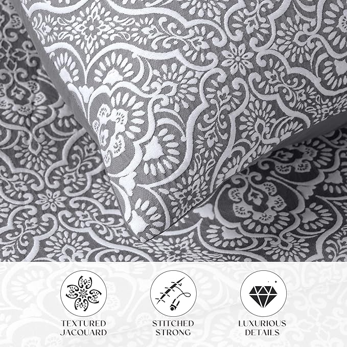 Superior 3 Piece Bedspread Set, Home Bed Decor, Decorative Bed Spread, 2 Pillow Shams, Medium Weight Blanket, Floral Matelasse Coverlet, Bedding Essentials, Enzy Collection, Queen, Charcoal