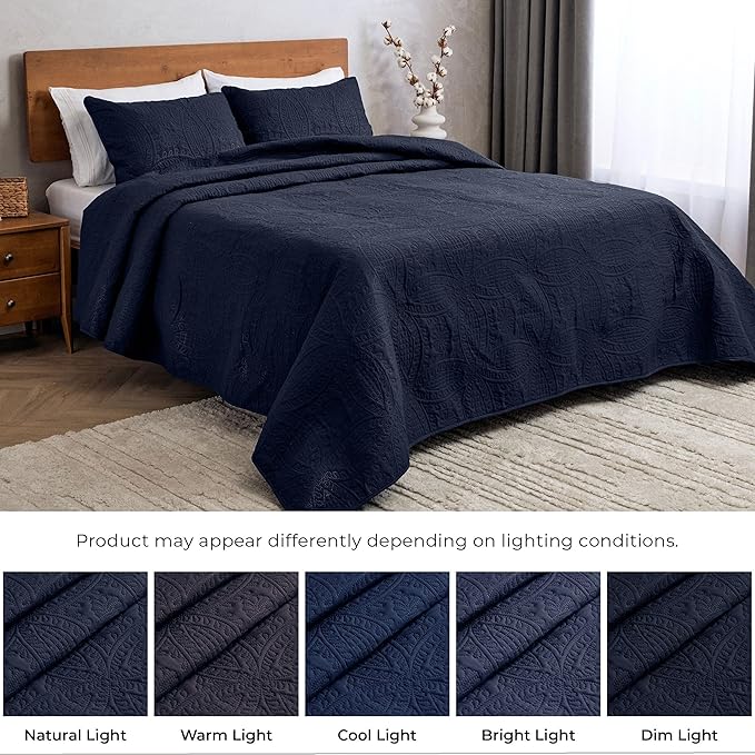 Mellanni King Bedspread Coverlet Set - Bedding Cover with Shams - Ultrasonic Quilting Technology - 3 Piece Oversized Quilt Set - Bedspreads & Coverlets (King, Navy)
