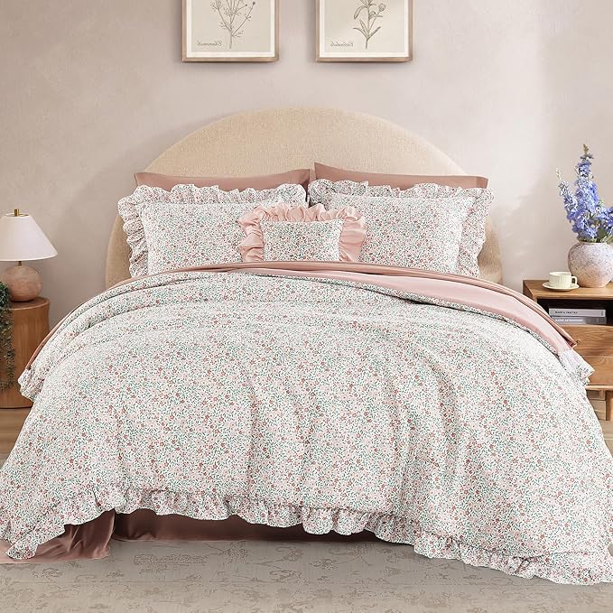 King Comforter Set - 7 Pieces Ruffle Pink Ditzy Bedding Sets, Shabby Chic Farmhouse Bed in a Bag King with Floral Comforter, Sheets, Pillowcases & Shams