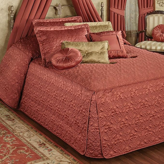 Cambridge Classic Luxury Bedding | Warm Cinnabar Solid Color Polyester Satin | Elaborate Damask Quilting | Fitted, Oversized 24 Inch Drop | 3 Piece Bed Set Includes Queen Bedspread & 2 Standard Shams