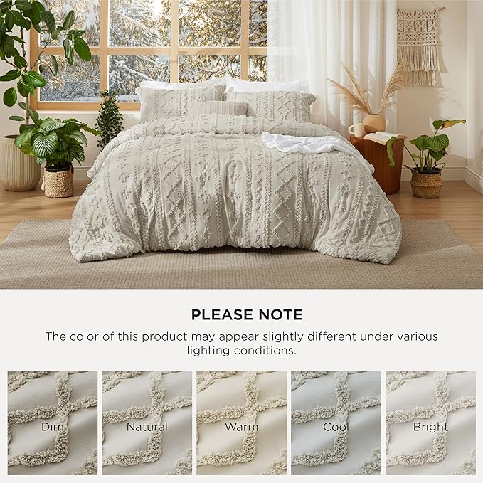 Bedsure Tufted Boho Comforter Set Queen Size - Linen Boho Bed Set, GentleSoft™ 3 Pieces Farmhouse Shabby Chic Embroidery Bedding, Gifts for Woman, Soft Jacquard Queen Comforter for All Seasons