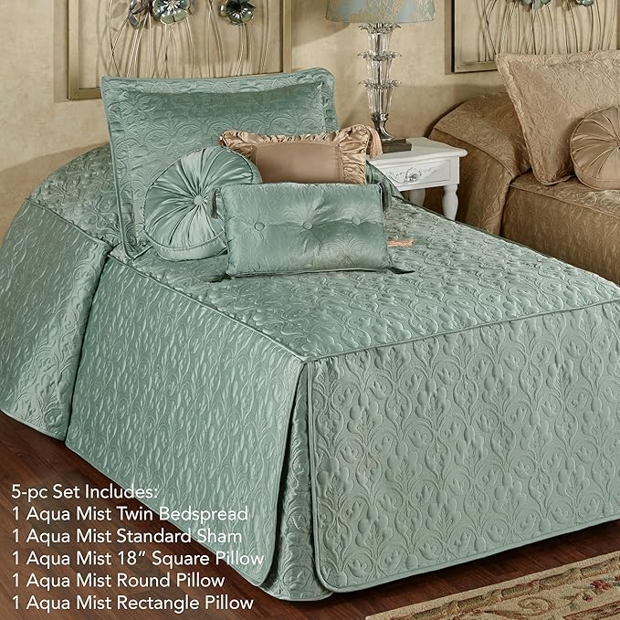 Cambridge Classic Luxury Bedding | Cool Aqua Mist Solid Color Polyester Satin | Elaborate Damask Quilting | 5 Pc Bed Set: Twin Bedspread, Standard Sham, & 3 Decorative Pillows | Also Fits Twin XL Beds