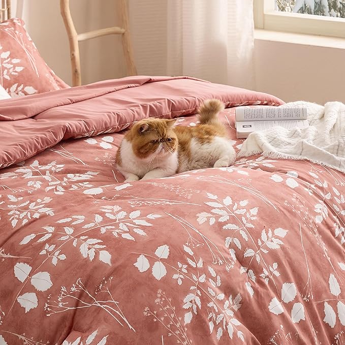 Bedsure Dusty Pink Queen Comforter Set - 7 Pieces Floral Bedding Sets, Queen Bed in a Bag with Reversible Botanical Flowers Comforter, Sheets, Pillowcases & Shams