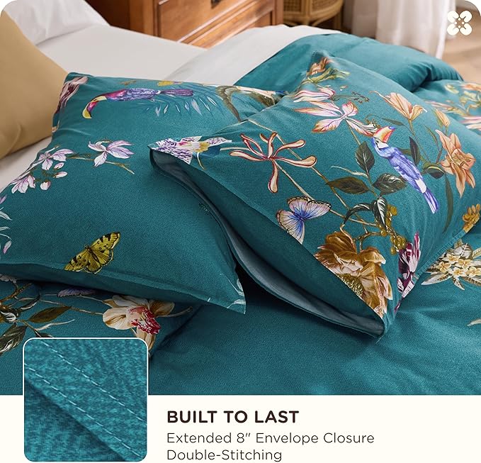 Bedsure 100% Cotton Reversible Chinoiserie Floral Duvet Cover Queen Size - Vintage Teal Bird Printed Comforter Cover with Zipper Closure & 2 Pillow Shams, No Comforter (Chinoiserie Teal 90"x90")