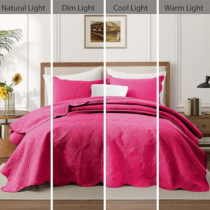 MOONLIGHT20015 8 Pack California King Quilt Bedding Set (118"x106") - Bulk Wholesale for Hotels, Guest Bedroom & Airbnbs - Microfiber Reversible Floral Embossed Quilts Bedspreads (Pink)
