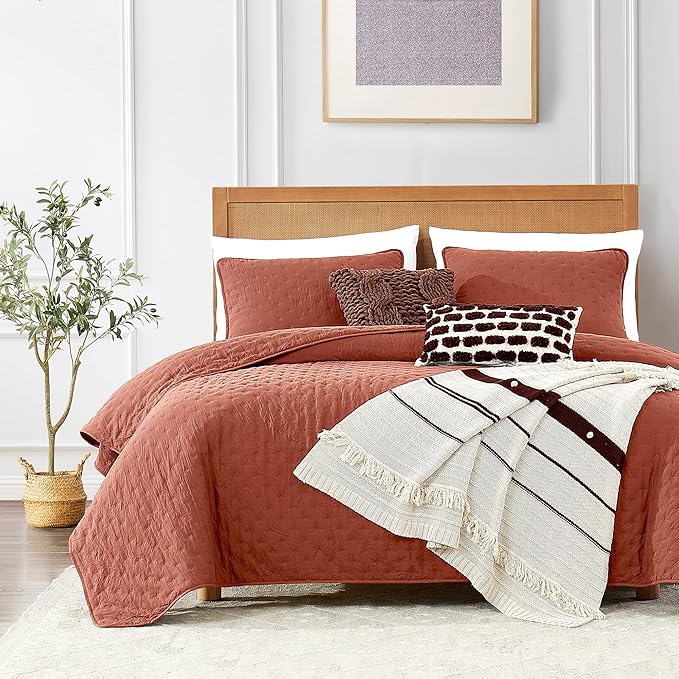 ROARINGWILD Burnt Orange Quilt Sets King Size with Pillow Shams, King Quilt Bedding Set, Lightweight Soft Bedspread Coverlet, Quilted Comforter for All Season