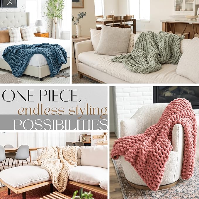 Samiah Luxe Chunky Knit Blanket Throw 50x60", Blue Chenille Chunky Knit Throw Blanket for Living Room Decor or Boho Decor, Thick Yarn Knitted Blankets for Couch or Bed, Cable Knitted Crochet Blankets