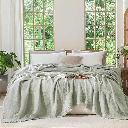 MooMee Muslin Blanket - 100% Cotton 4-Layer Gauze Throw Blanket with Tassels Ultra-Soft Breathable Lightweight Cooling for Bed Couch (Sage Green,King 104" x 90")
