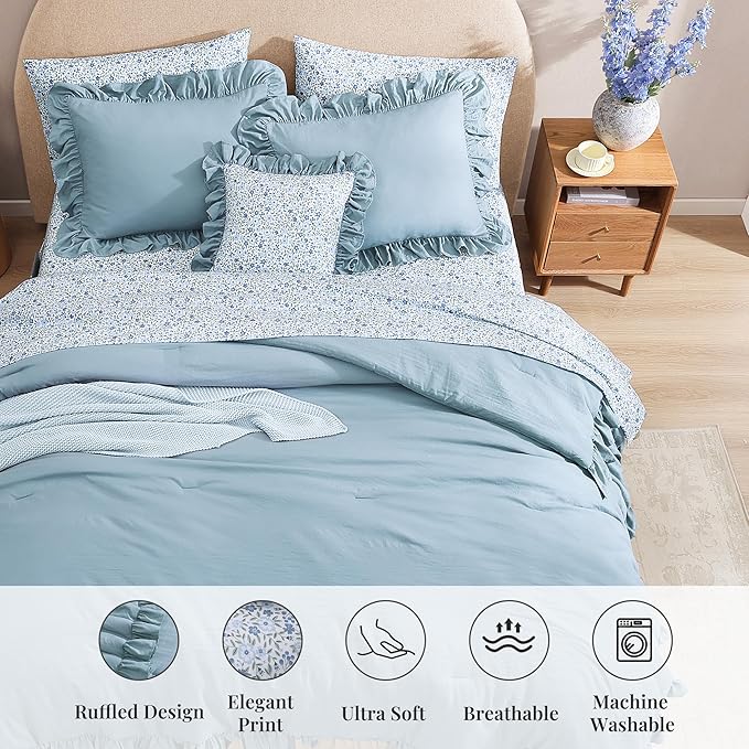 California King Comforter Set - 7 Pieces Ruffle Blue Bedding Sets, Shabby Chic Farmhouse Bed in a Bag with Ruffle Comforter, Floral Sheets, Pillowcases & Shams
