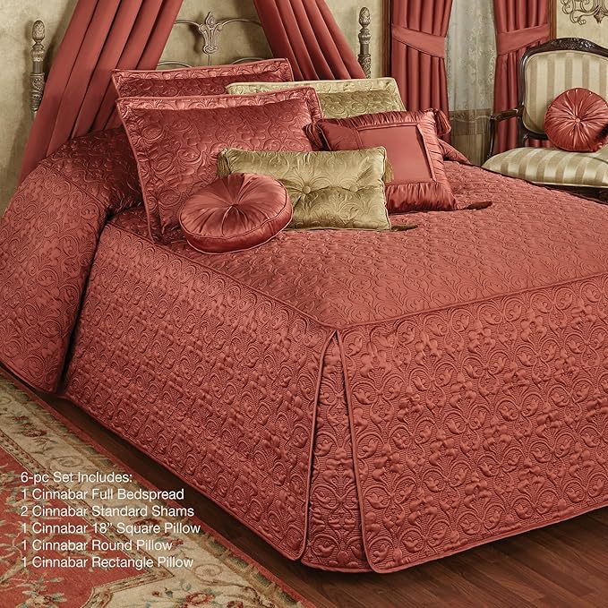 Cambridge Classic Luxury Bedding | Warm Cinnabar Solid Color Polyester Satin | Elaborate Damask Quilting | 6 Pc Bed Set Includes Oversized Full Bedspread, 2 Standard Shams, and 3 Decorative Pillows