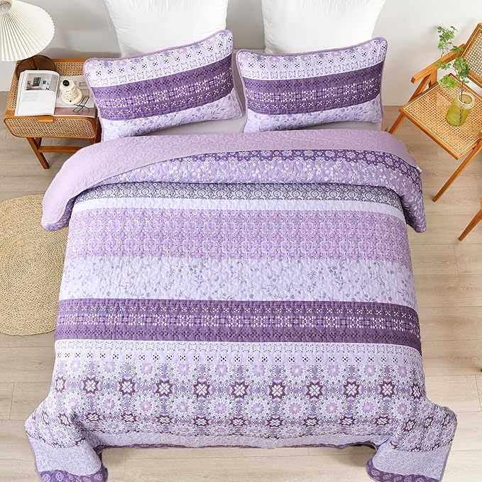 WONGS BEDDING Boho Quilt Full Set,Purple Bohemian Striped Patchwork Bedspread Coverlet Set with 2 Pillowcases,Lightweight Microfiber Floral Quilt Bedding Set 78"×90"