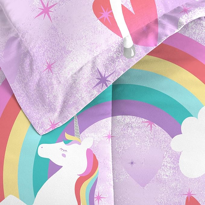 dream FACTORY Kids 7-Piece Complete Set Easy-Wash Super Soft Microfiber Comforter Bedding, Full, Purple Unicorn Rainbow