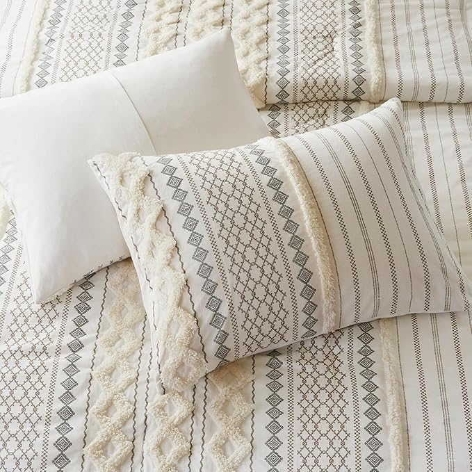 INK+IVY Imani 100% Cotton Duvet Mid Century Modern Design, All Season Comforter Cover Bedding Set, Matching Shams, Full/Queen, Ivory Chenille Tufted Accent 3 Piece