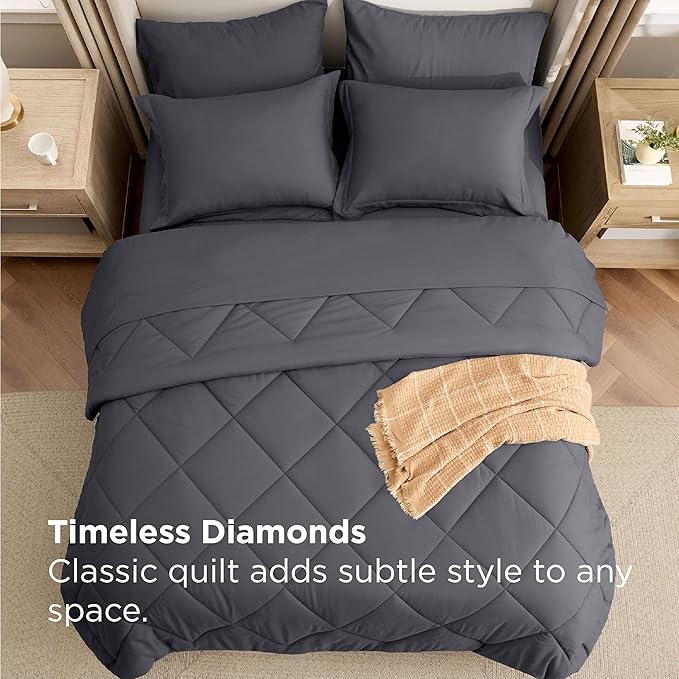 Bedsure 5 Pieces Twin Comforter Set Premium Series, Hotel Luxury Soft Bed in a Bag, Goose Down Alternative, Safe for Sensitive Skin Bedding Comforter All Season Medium Warmth, Dark Grey Twin Size