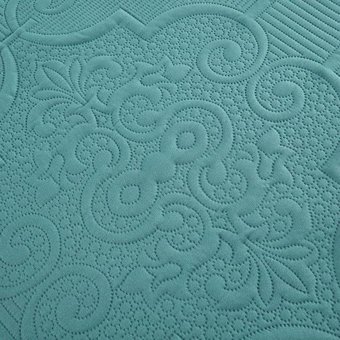 CHIXIN Quilt Twin Size - Damask Paisley Bedspread Coverlet Set - Classic & Gorgeous Style Bedding Cover, Ultrasonic Quilting, Reversible, Lightweight, 4 Piece, Lagoon