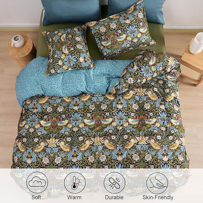 PHF Ultra Soft Floral Duvet Cover Queen Size, Revisible Boho Printed Vintage Bedding Set 3 Pieces, Comfy Durable Morris Garden Duvet Cover Set with 2 Pillow Shams, Zipper Closure and 8 Ties, 90"x90"
