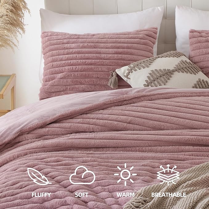 Smoofy Fluffy Twin Comforter Sets 2 Pieces - Old Pink Fleece Fluffy Comforter Set, Luxury Fuzzy Twin Bedding Set, Soft Warm Comforter All Season, Heavy Faux Fur Comforter with Pillow Cases