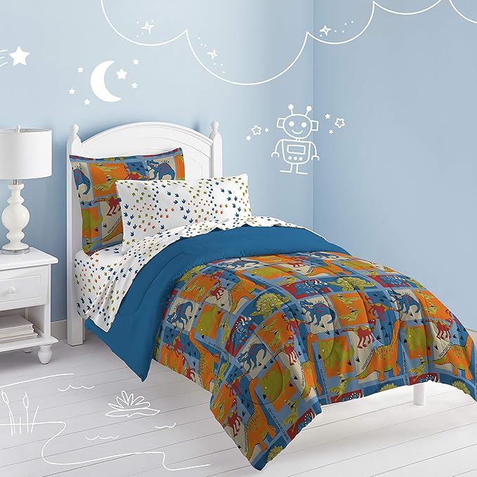 Dream Factory Dinosaur Blocks Ultra Soft Microfiber Boys Comforter Set, Blue, Twin