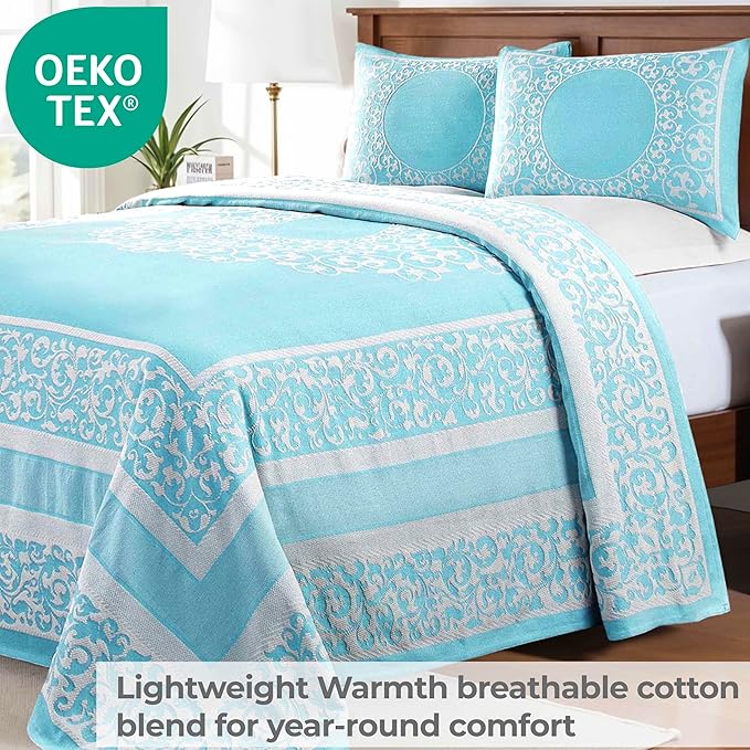 Superior Cotton Blend Bedspread Set, Includes Oversized Bedspread and 2 Matching Pillow Shams, Light Weight Blanket, Bedding Decor, Jacquard Vintage Floral Mandala, Lyron Collection - King, Aqua