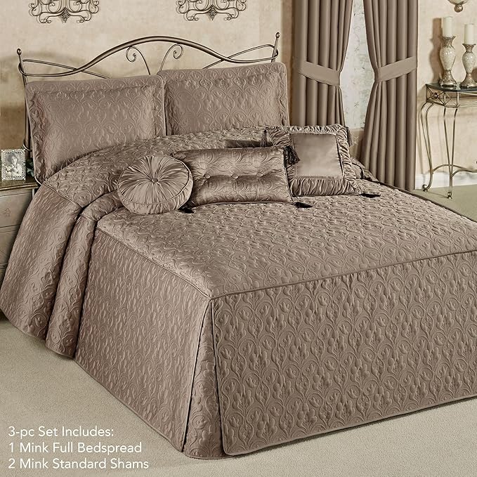 Cambridge Classic Luxury Bedding | Neutral Mink-hued Solid Color Polyester Satin | Elaborate Damask Quilting | Generous 21 Inch Drop | 3 Pc Bed Set Includes Oversized Full Bedspread & 2 Standard Shams