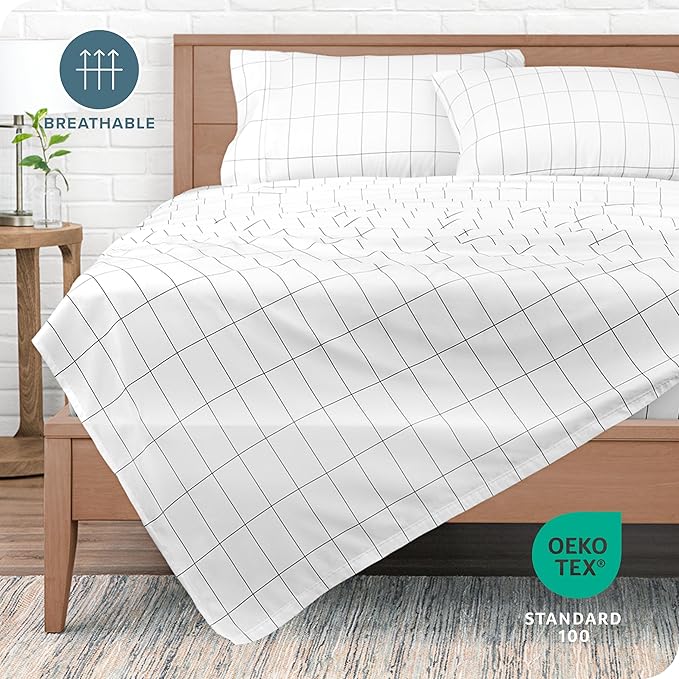 Bare Home Twin XL Sheet Set - College Dorm Size - Premium 1800 Ultra-Soft Microfiber Twin Extra Long Sheets - Double Brushed - Sheets Set - Deep Pocket - Bed Sheets (Twin XL, Grid - White/Grey)