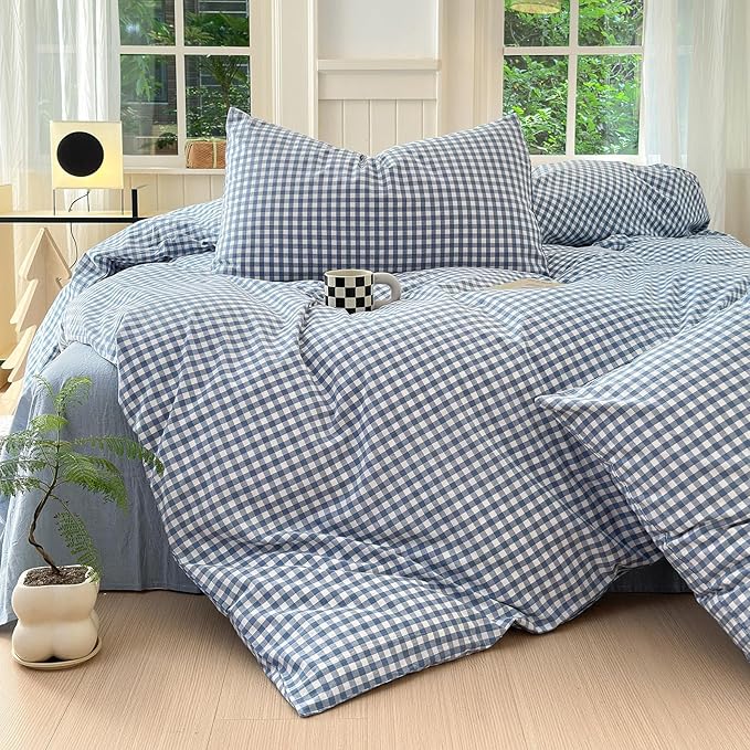 LifeTB Blue Gingham Comforter Set Full Size Modern Checkered Plaid Comforter Set 3 Pieces Blue Grid Bed Comforter with 2 Pillowcases Soft Fluffy Farmhouse Grid Plaid Bedding Set for All Seasons