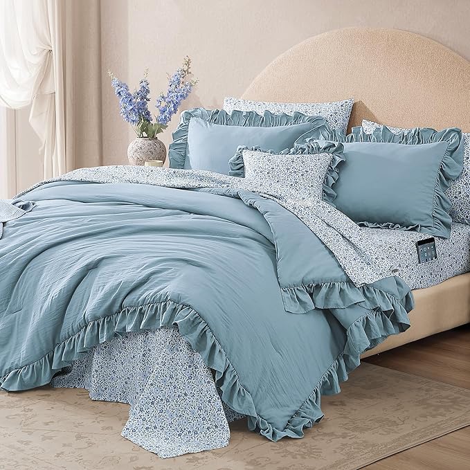 Twin XL Comforter Set - 5 Pieces Ruffle Blue Bedding Sets, Shabby Chic Farmhouse Bed in a Bag Twin XL with Ruffle Comforter, Floral Sheets, Pillowcases & Shams